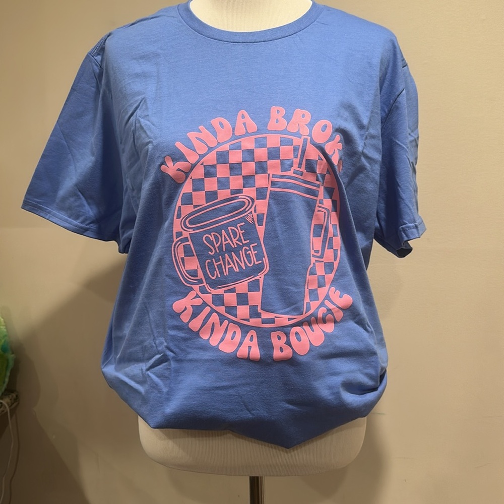 Blue Graphic Tee with Pink Design